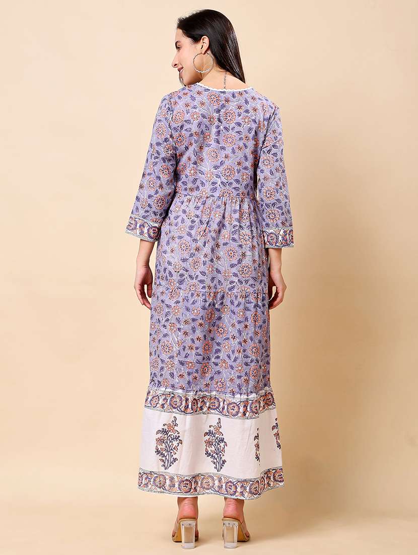 Women Floral Print Three Quarter Sleeve Tiered Dress