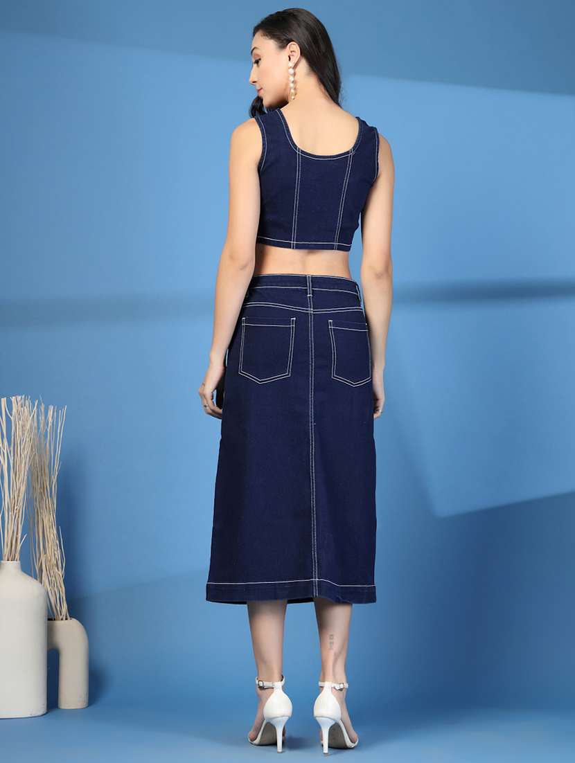 Women Navy Blue Solid Top & Skirt Denim Co Ord Set