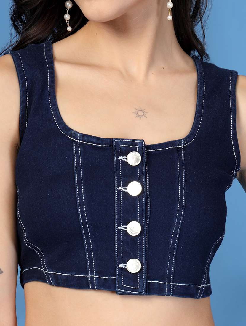 Women Navy Blue Solid Top & Skirt Denim Co Ord Set
