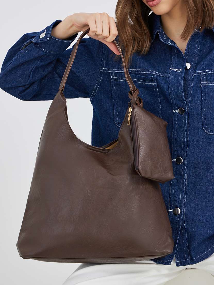 Brown Textured Pu Shoulder Bag With Pouch