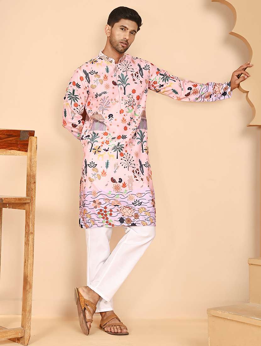 Men Mandarin Neck Kurta Pyjama Ethnic Wear Set
