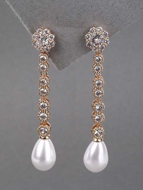 White Pearl And Crystal Dangle Earrings