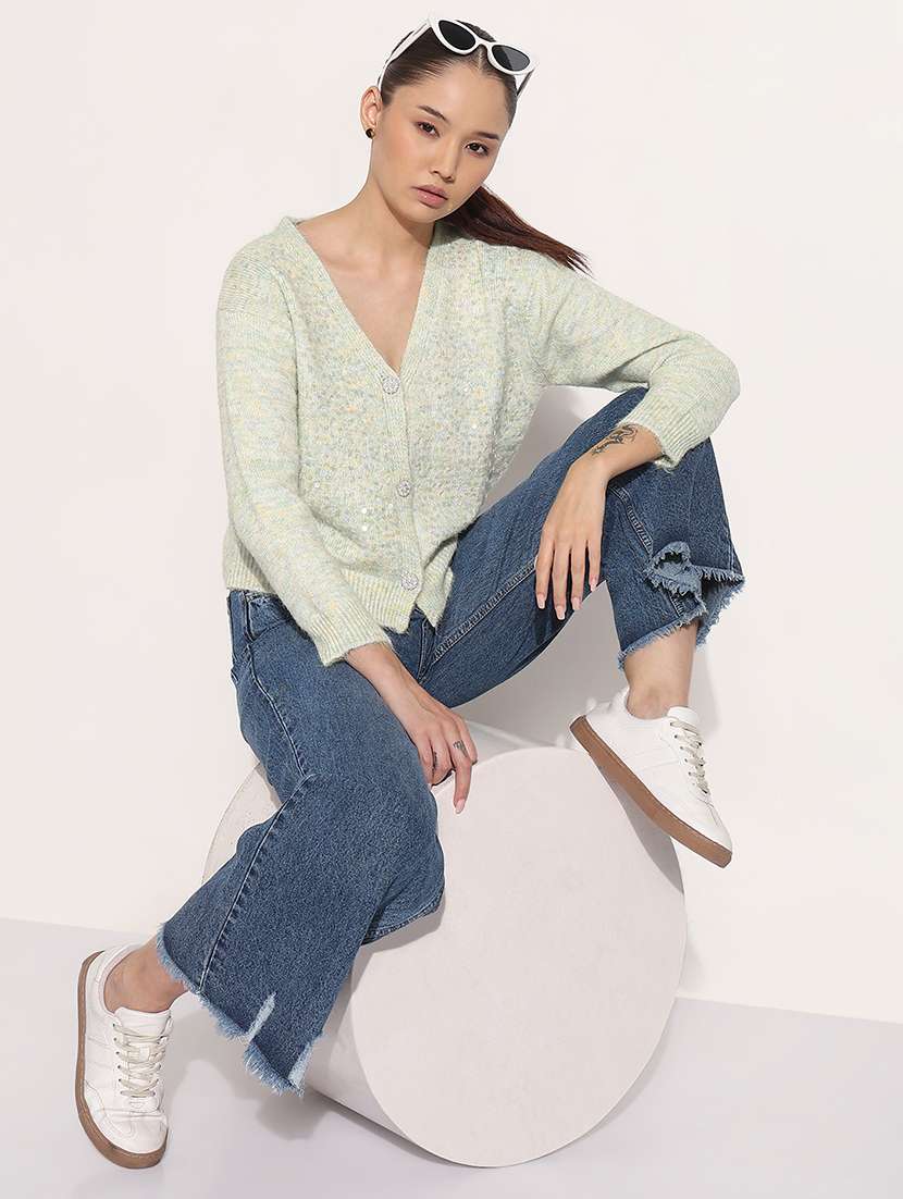 Women Embellished Long Sleeve Crop Cardigan