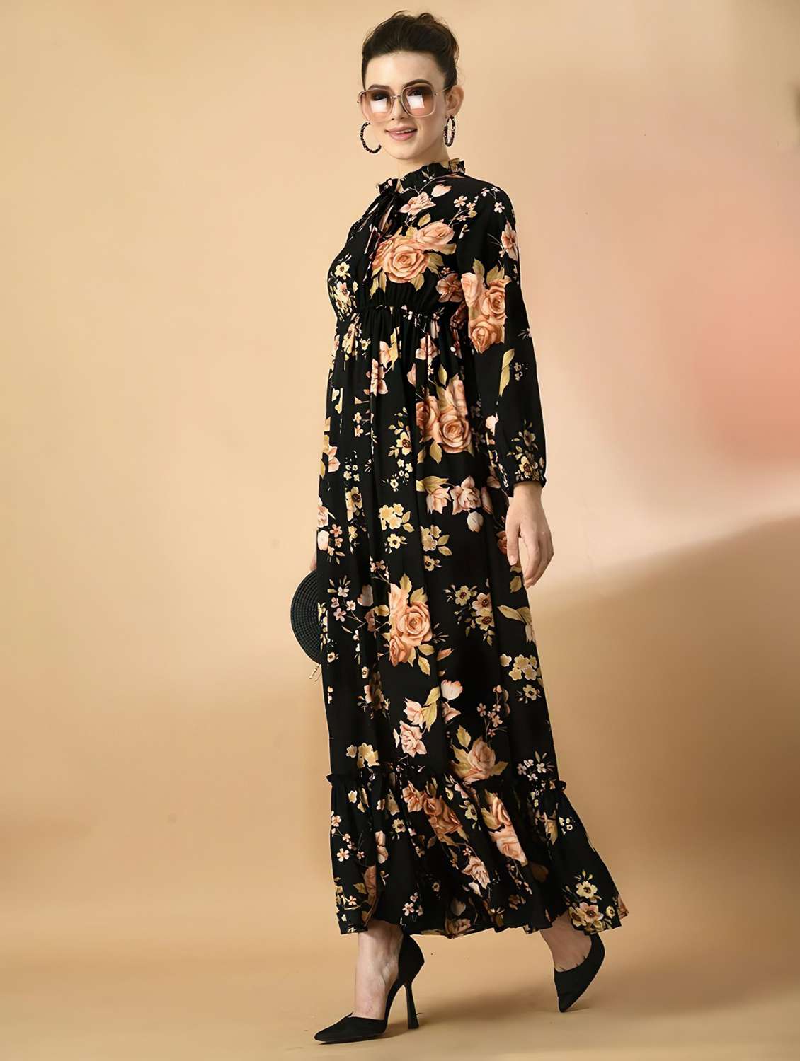 Women Printed Puff Sleeve Tiered Maxi Dress