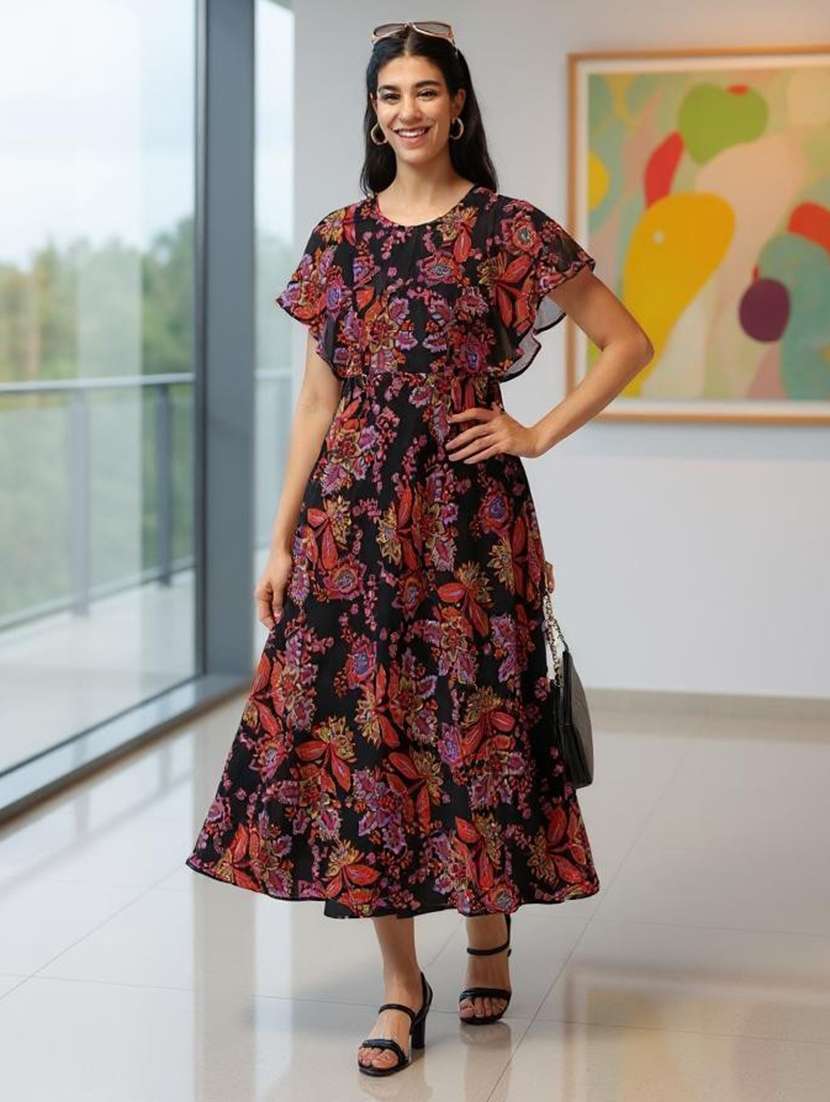 Womne Floral Print Flared Sleeve Dress