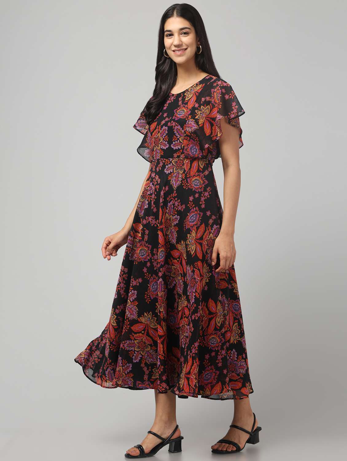 Womne Floral Print Flared Sleeve Dress