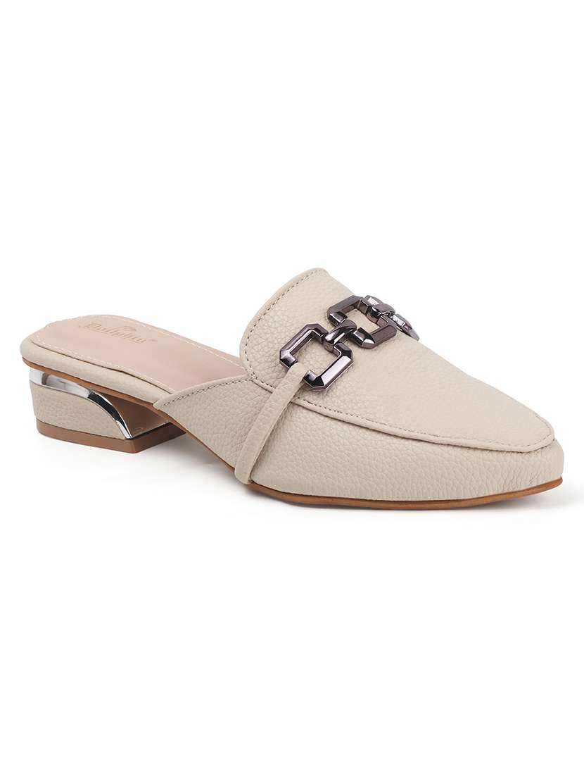 Women Beige Solid Slip On Mule