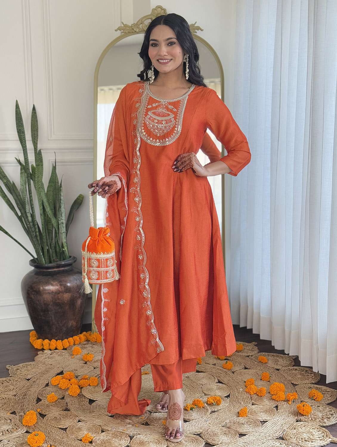 Women Embroidered Three Quarter Sleeve Kurta Pant With Dupatta Set