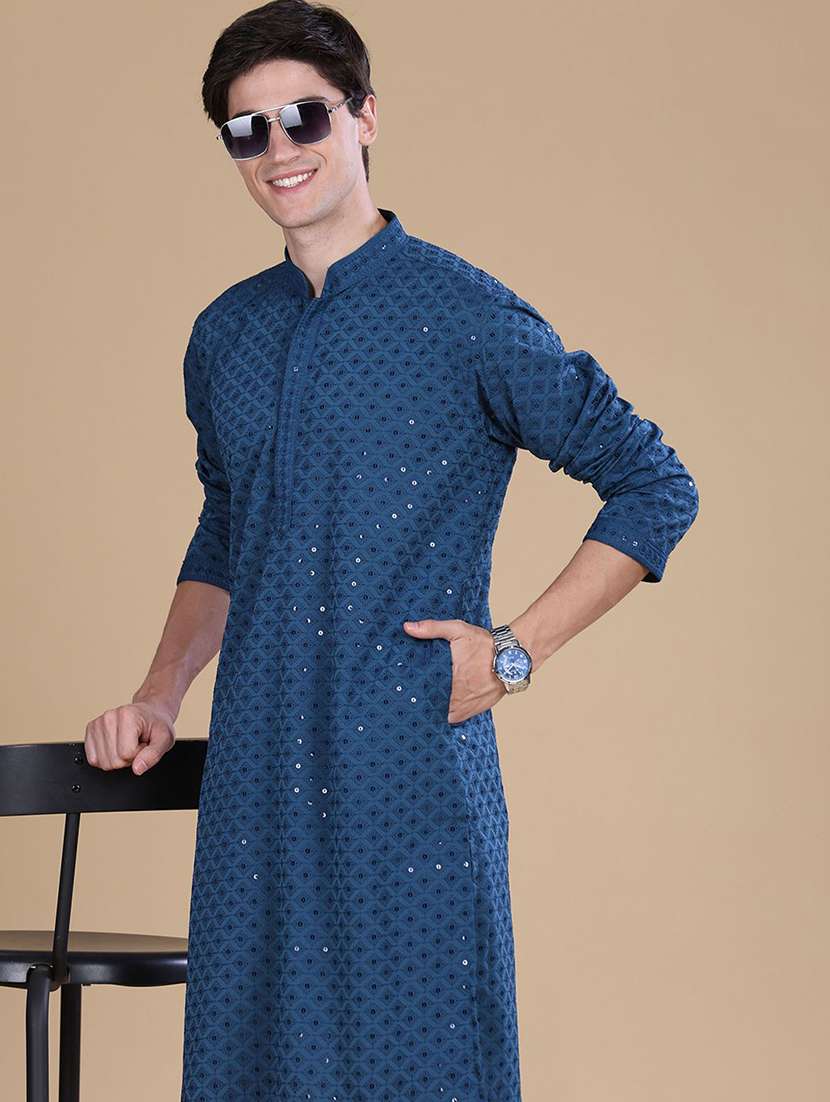 Men Solid With Work Mandarin Neck Long Kurta