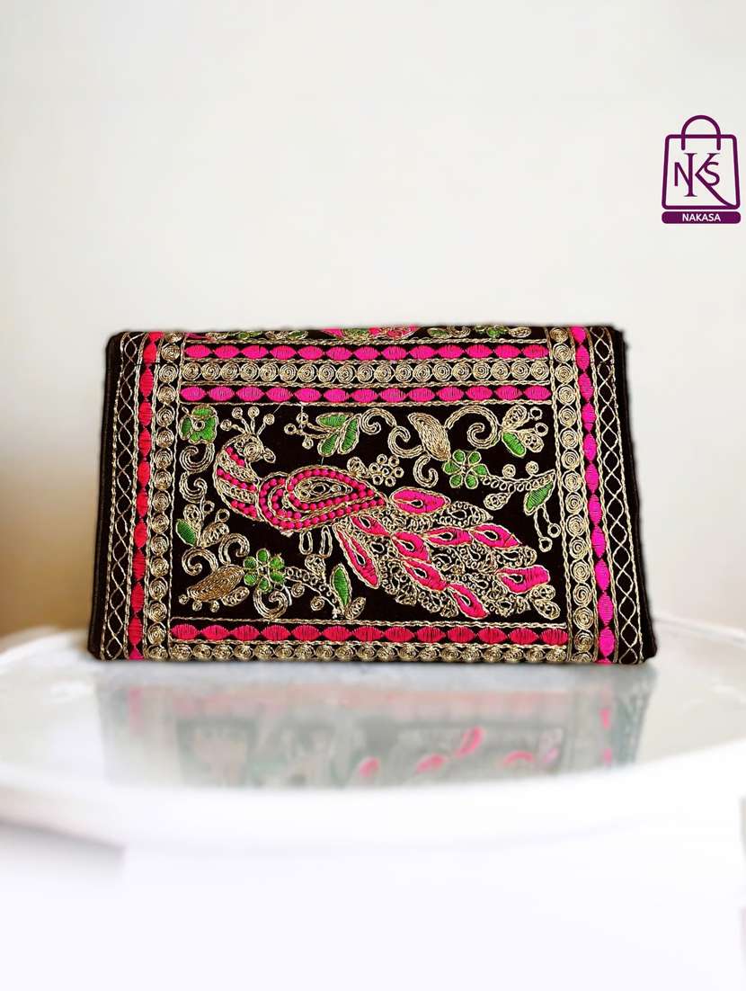 Women Velvet Embroidery Clutch With Flap Closure
