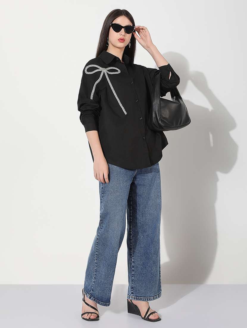 Women Sequined Collared Long Sleeve Shirt