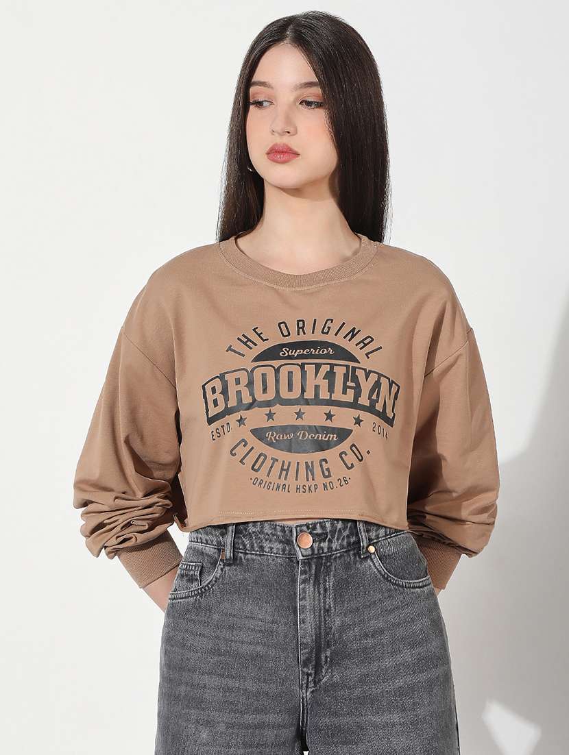 Women Printed Long Sleeve Cropped Pullover
