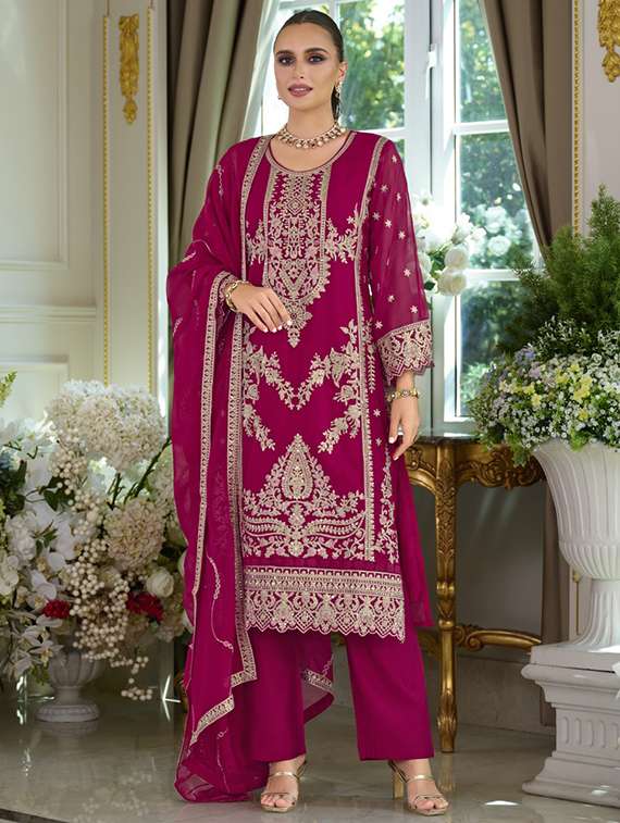 Women Solid With Work Long Sleeve Kurta Pant With Dupatta Set