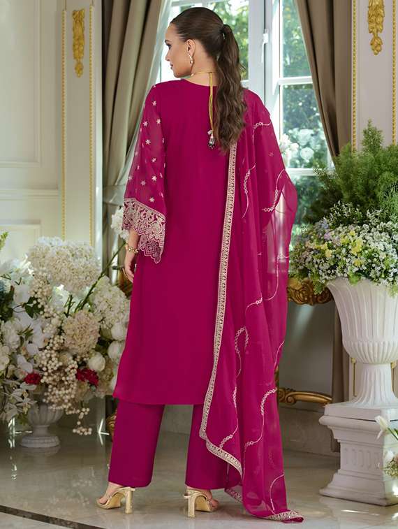 Women Solid With Work Long Sleeve Kurta Pant With Dupatta Set