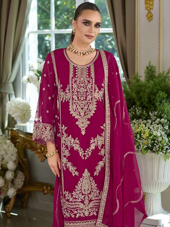 Women Solid With Work Long Sleeve Kurta Pant With Dupatta Set