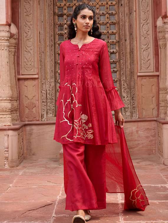 Women Embroidered Long Sleeve Kurta Palazzo With Dupatta Set