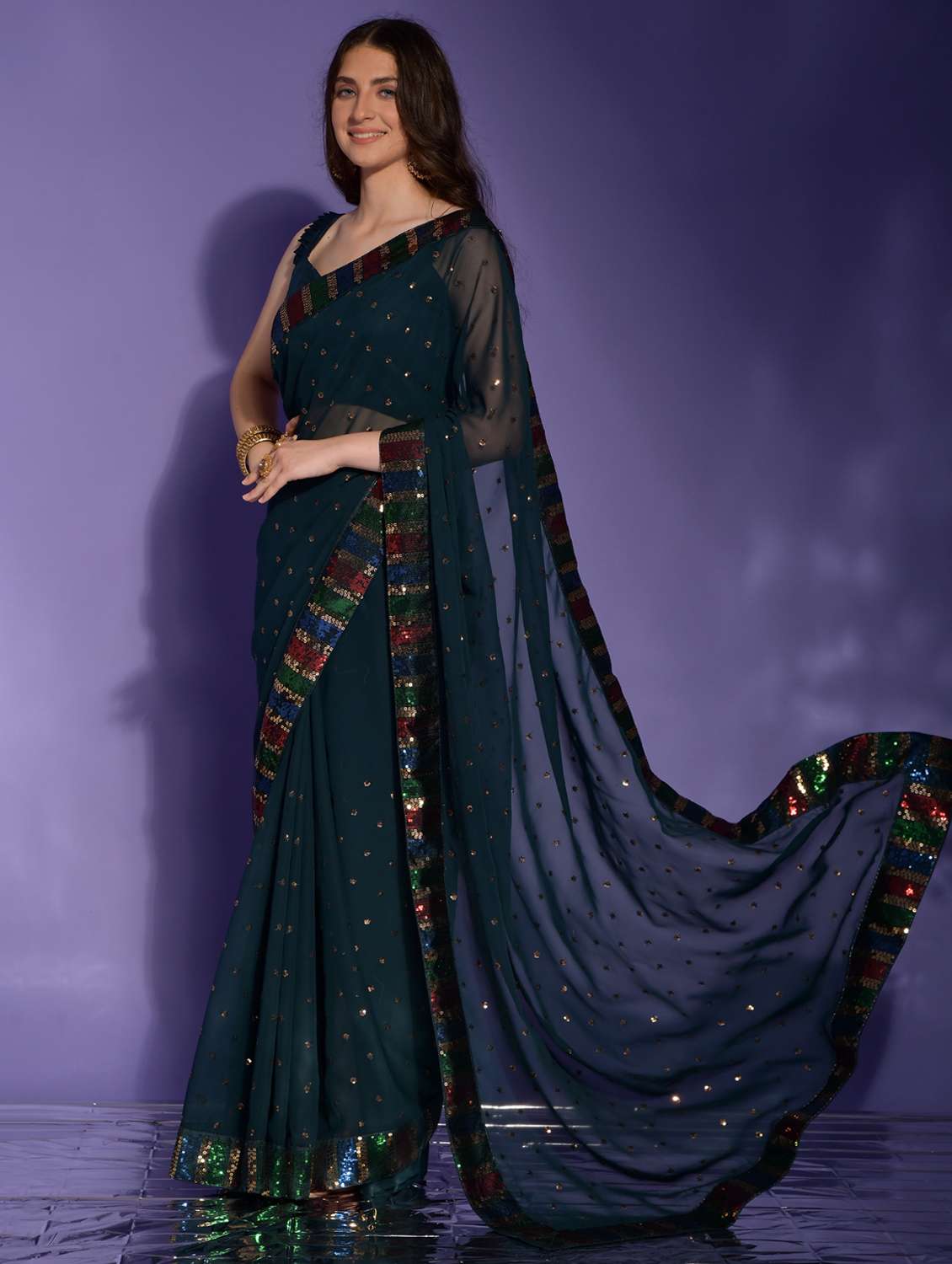 Women Solid With Work Embellished Saree With Blouse