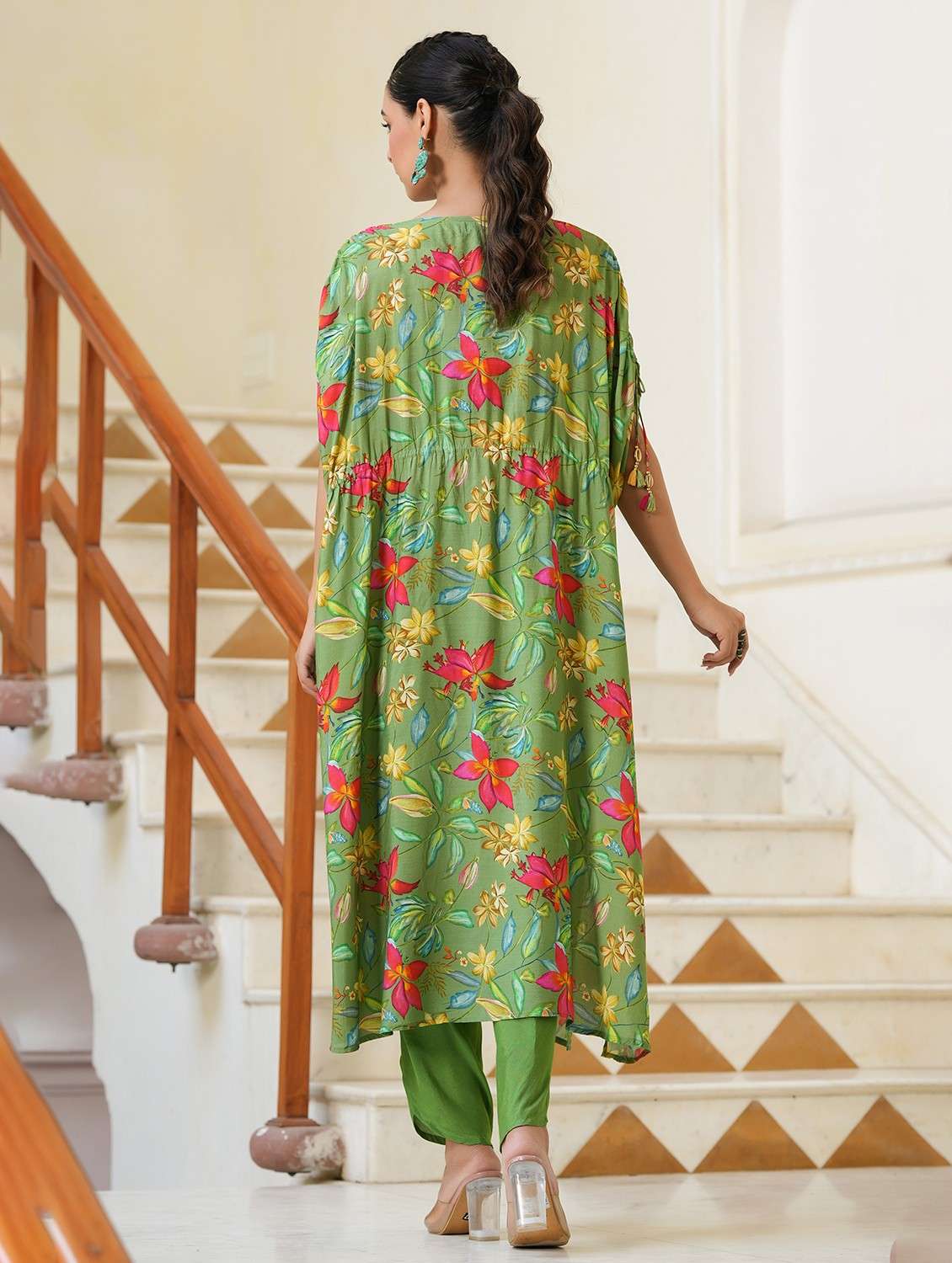 Women Floral Kimono Sleeve Kaftan Kurta Pant  Set