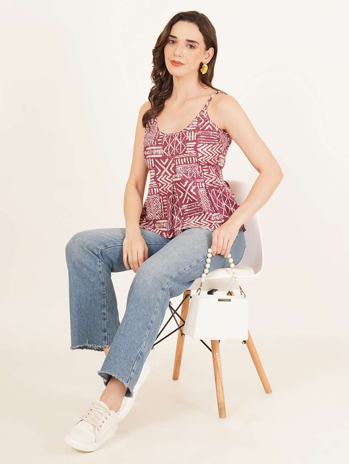 Women Printed Shoulder Strap A Line Top