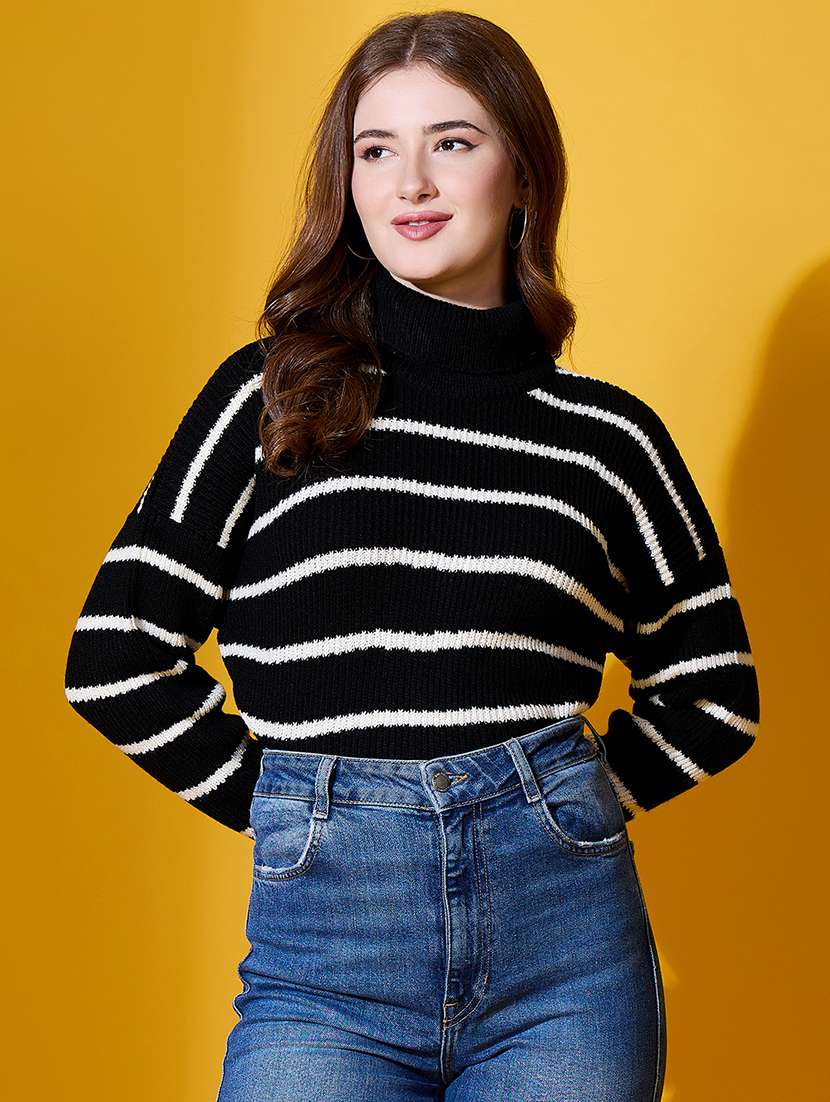 Women Striped High Neck Long Sleeve Pullover