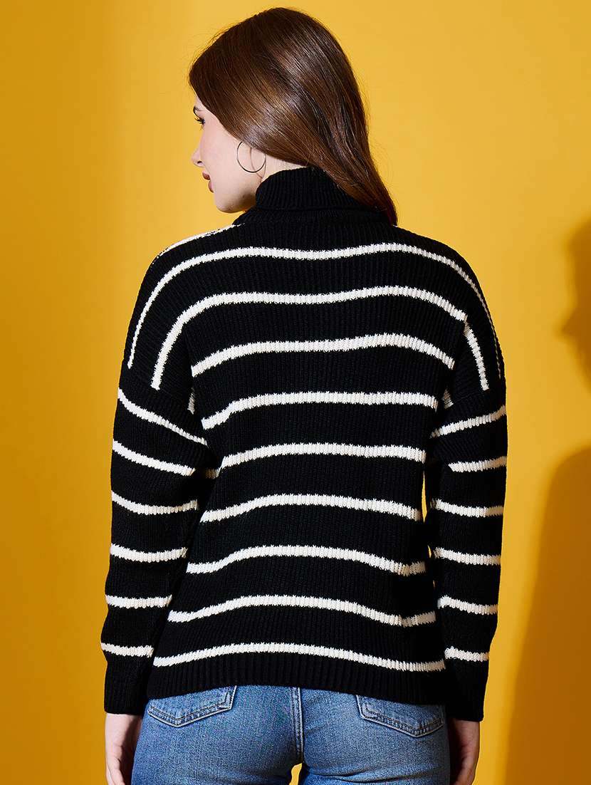 Women Striped High Neck Long Sleeve Pullover