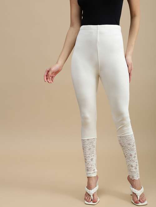 Women Solid Mid Rise Lace Hem Legging