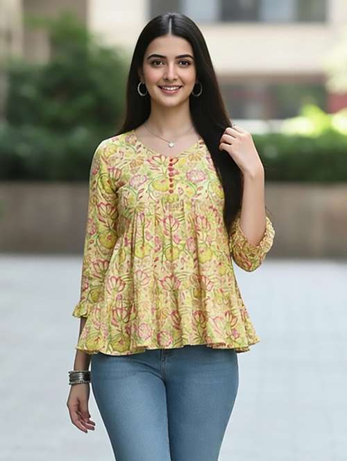 Women Yellow Cotton Straight Kurti