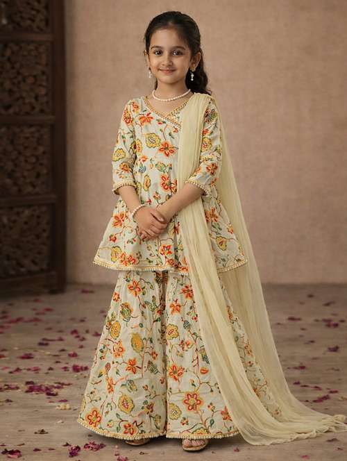 Girls Lime Cotton Kurta Sharara Set Suit Set