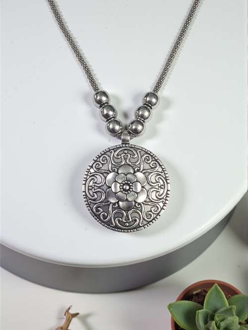 Artificial Oxidised Silver Big Pendant Necklace Chain