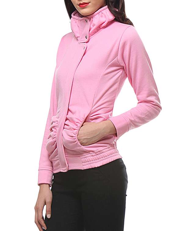 Buy online Solid Pink Fleece Jacket from jackets and blazers and coats