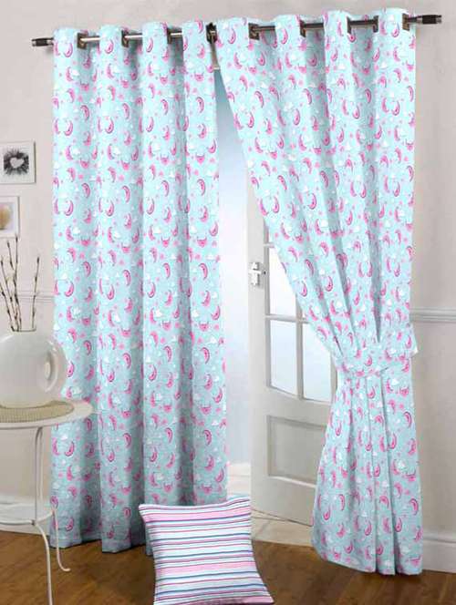 Buy Light Blue Moon Printed Cotton Eyelet Curtains For Unisex From