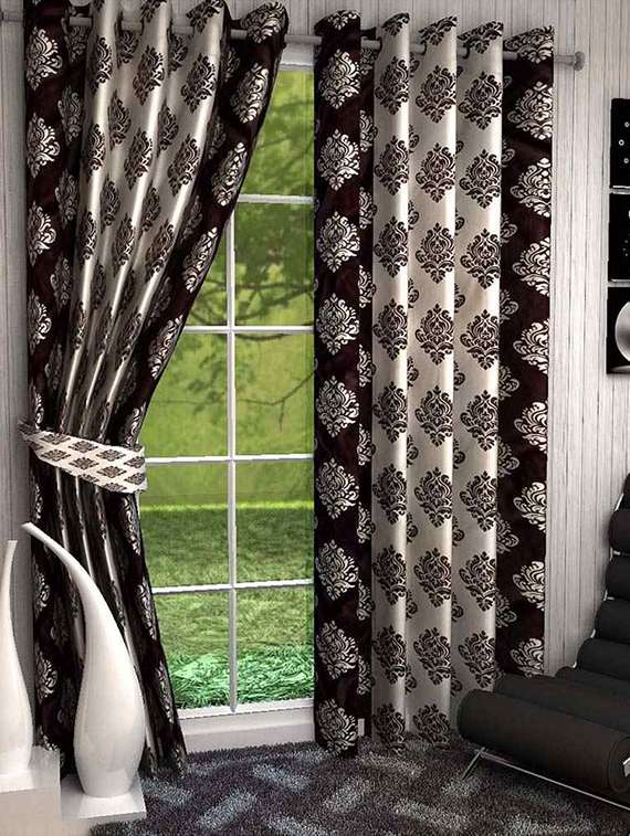 Buy Online Set Of 4 Ivory And Black Long Door Curtains From