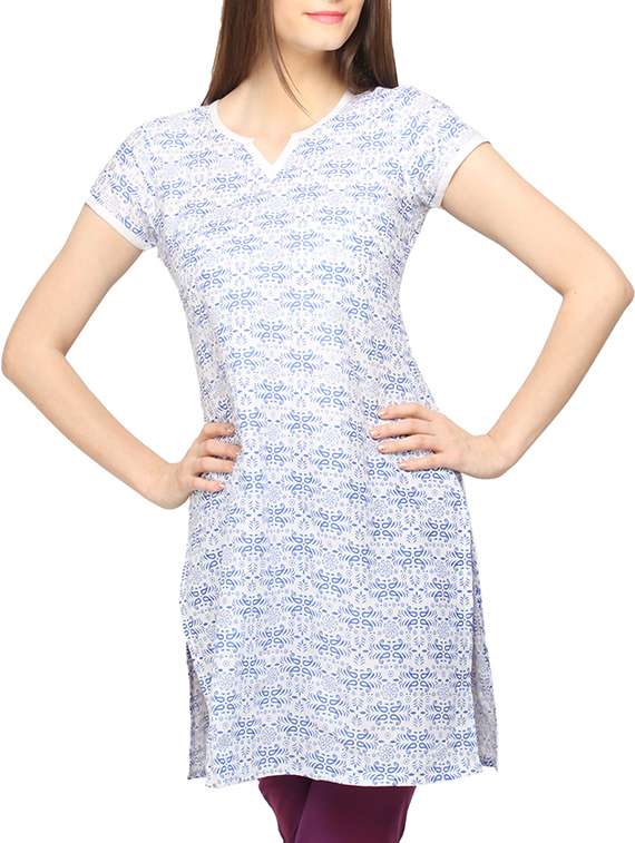 Blue Printed Short Sleeves Cotton Kurti 