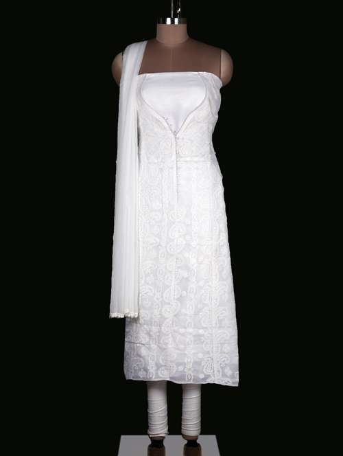 White Cotton Chikankari Suit Piece 