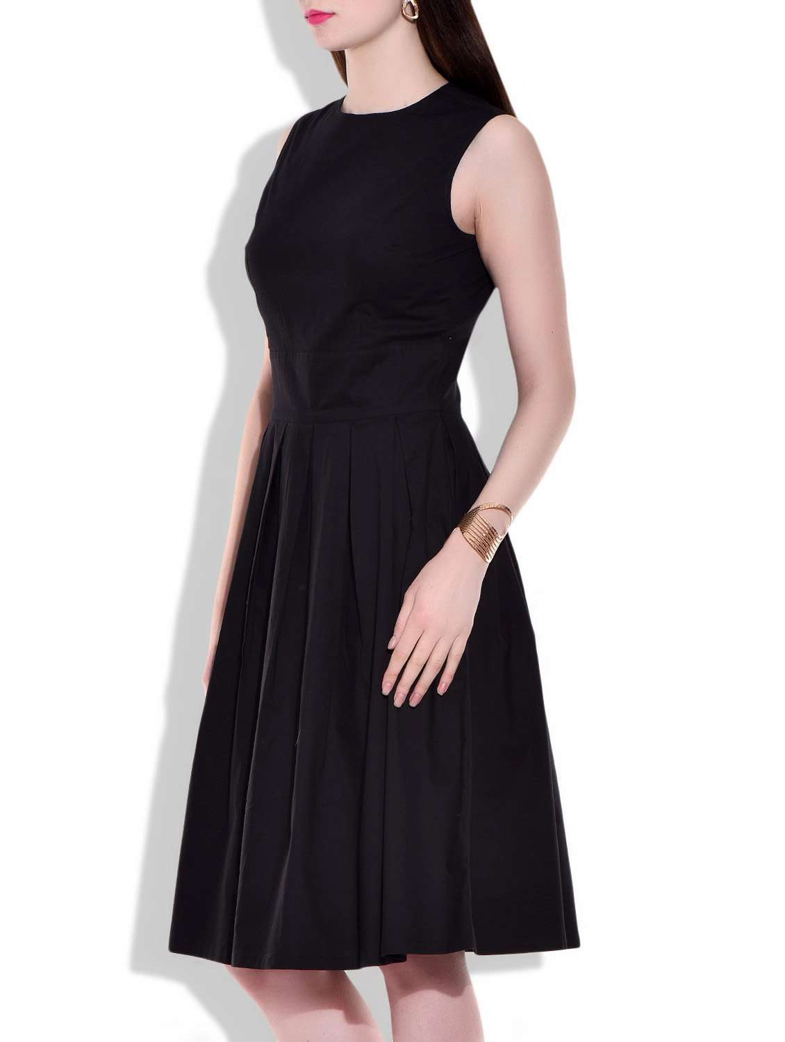 Buy online Black Cotton Lycra Fit & Flayered Dress from western wear